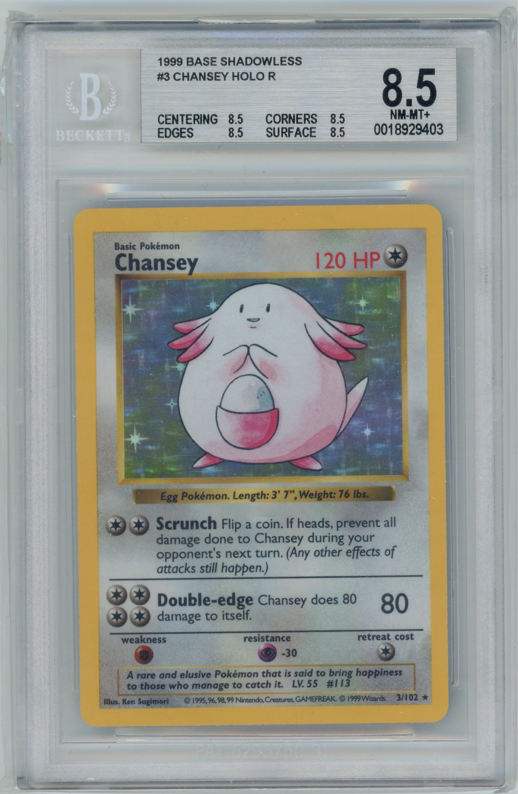 Chansey 3/102 SHADOWLESS Base Set BGS 8.5 — recto